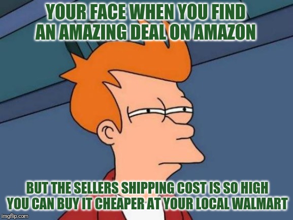 Unless you are shipping me something from Antarctica, why is your shipping charge so high? | YOUR FACE WHEN YOU FIND AN AMAZING DEAL ON AMAZON; BUT THE SELLERS SHIPPING COST IS SO HIGH YOU CAN BUY IT CHEAPER AT YOUR LOCAL WALMART | image tagged in memes,futurama fry | made w/ Imgflip meme maker