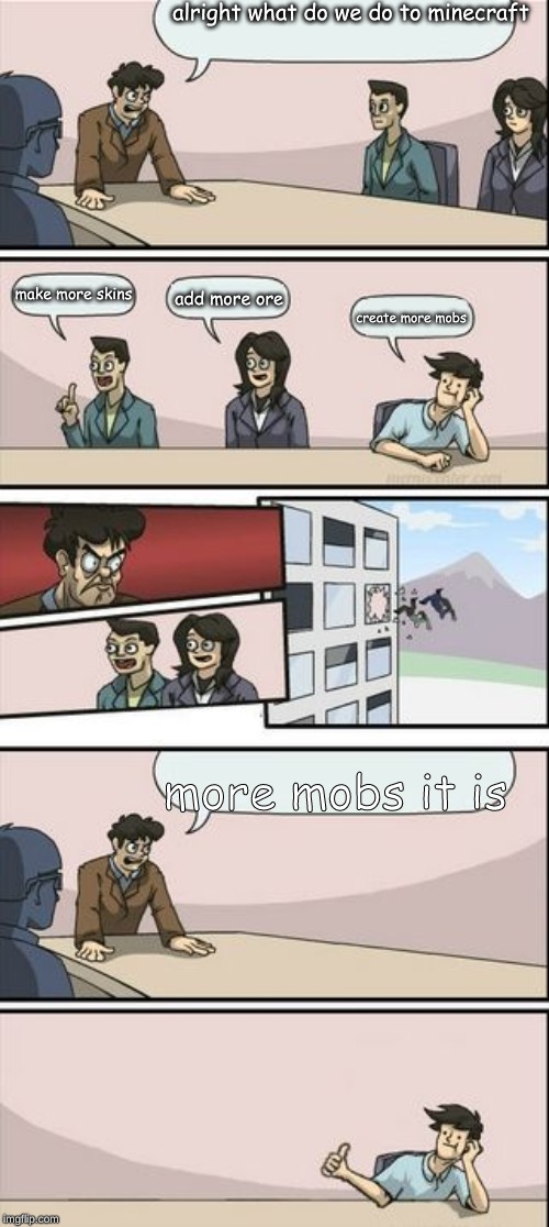 Boardroom Meeting Sugg 2 | alright what do we do to minecraft; make more skins; add more ore; create more mobs; more mobs it is | image tagged in boardroom meeting sugg 2 | made w/ Imgflip meme maker