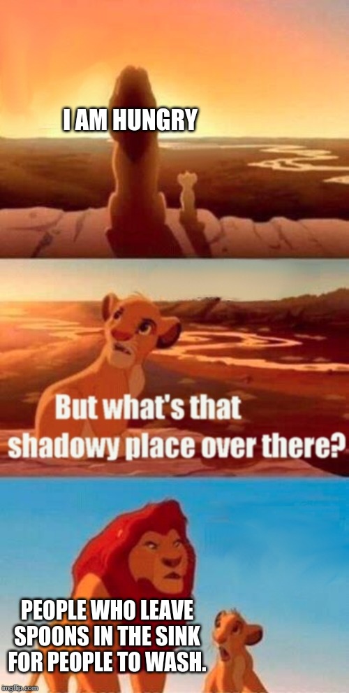 Simba Shadowy Place Meme | I AM HUNGRY; PEOPLE WHO LEAVE SPOONS IN THE SINK FOR PEOPLE TO WASH. | image tagged in memes,simba shadowy place | made w/ Imgflip meme maker