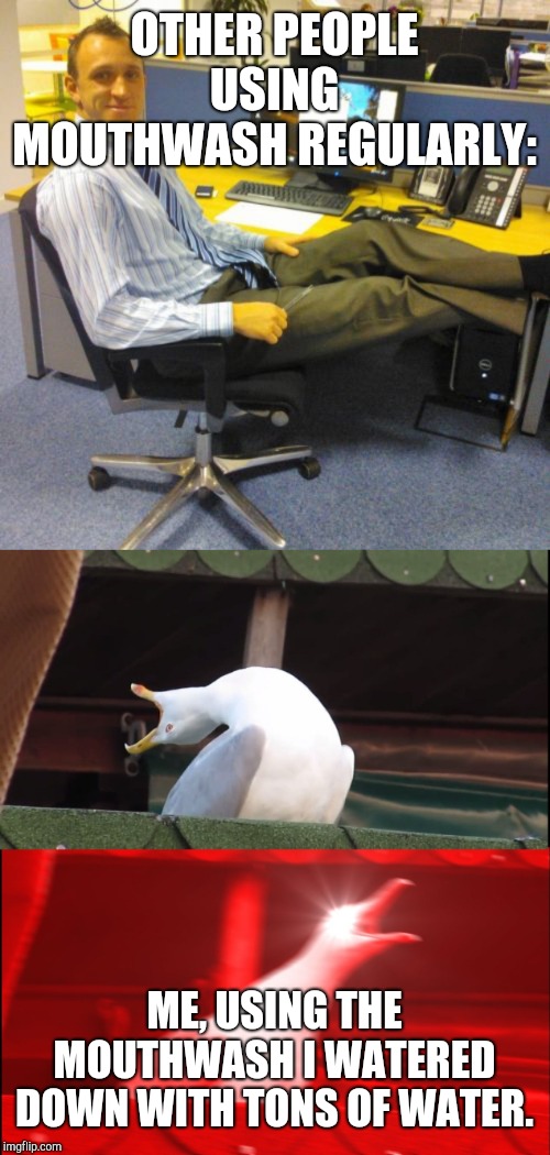 Me and Mouthwash | OTHER PEOPLE USING MOUTHWASH REGULARLY:; ME, USING THE MOUTHWASH I WATERED DOWN WITH TONS OF WATER. | image tagged in memes,relaxed office guy,screaming bird,mouthwash,tooth paste,me | made w/ Imgflip meme maker