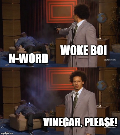 Who Killed Hannibal Meme | WOKE BOI N-WORD VINEGAR, PLEASE! | image tagged in memes,who killed hannibal | made w/ Imgflip meme maker