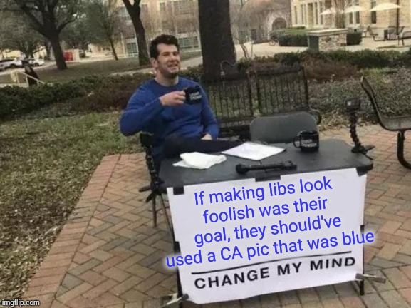 Change My Mind Meme | If making libs look foolish was their goal, they should've used a CA pic that was blue | image tagged in memes,change my mind | made w/ Imgflip meme maker
