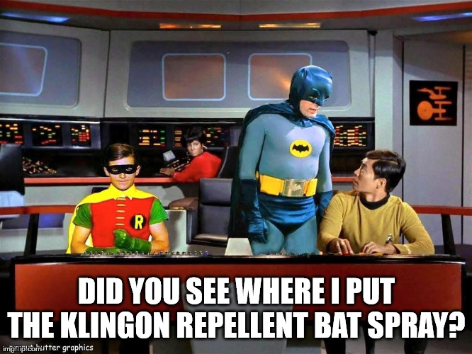 Batman Star Trek  | DID YOU SEE WHERE I PUT THE KLINGON REPELLENT BAT SPRAY? | image tagged in batman star trek | made w/ Imgflip meme maker