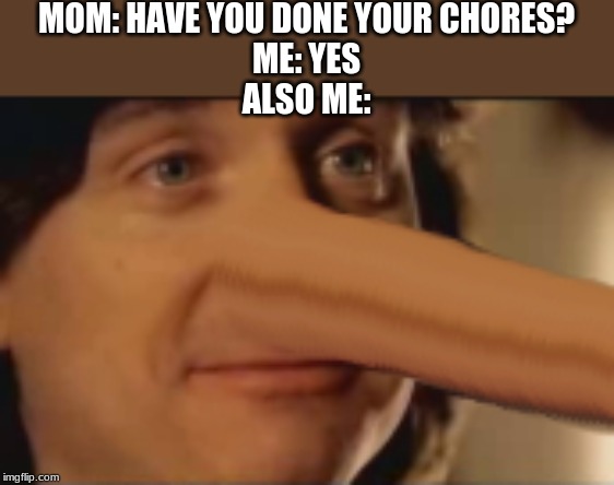Tell No Lies | MOM: HAVE YOU DONE YOUR CHORES?
ME: YES
ALSO ME: | image tagged in tell no lies | made w/ Imgflip meme maker