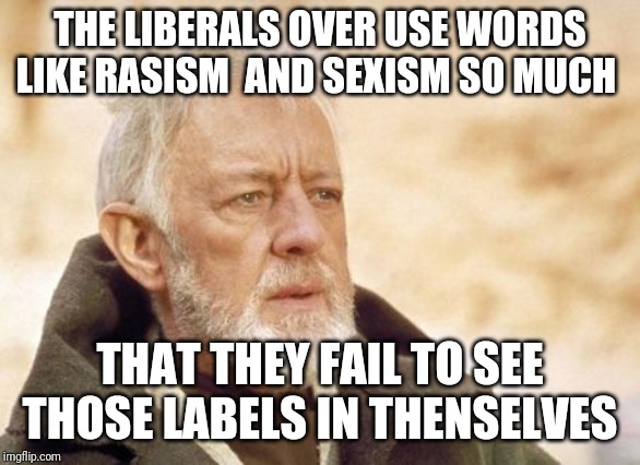 Obi Wan Kenobi | THE LIBERALS OVER USE WORDS LIKE RASISM  AND SEXISM SO MUCH; THAT THEY FAIL TO SEE THOSE LABELS IN THENSELVES | image tagged in memes,obi wan kenobi | made w/ Imgflip meme maker