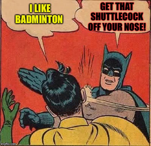 Batman Slapping Robin Meme | I LIKE BADMINTON GET THAT SHUTTLECOCK OFF YOUR NOSE! | image tagged in memes,batman slapping robin | made w/ Imgflip meme maker