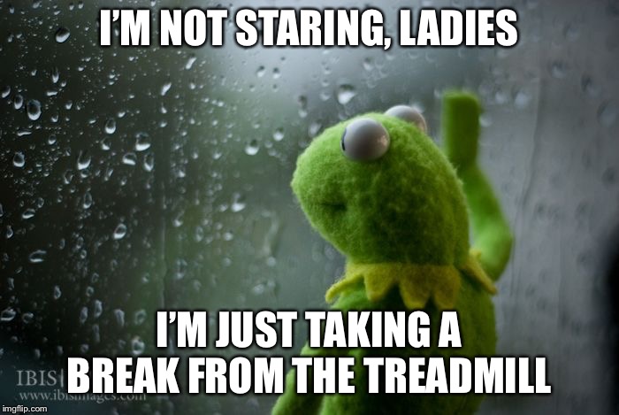 kermit window | I’M NOT STARING, LADIES I’M JUST TAKING A BREAK FROM THE TREADMILL | image tagged in kermit window | made w/ Imgflip meme maker