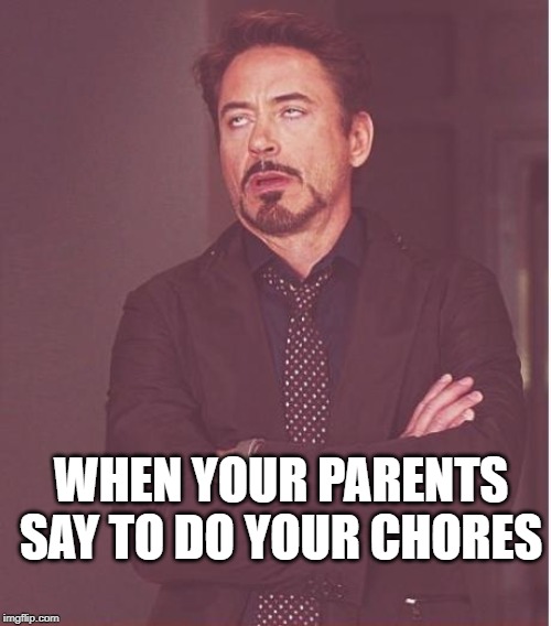 Face You Make Robert Downey Jr | WHEN YOUR PARENTS SAY TO DO YOUR CHORES | image tagged in memes,face you make robert downey jr | made w/ Imgflip meme maker