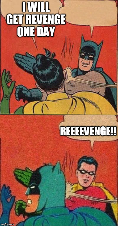 I WILL GET REVENGE ONE DAY; REEEEVENGE!! | image tagged in memes,batman slapping robin,robin slapping batman | made w/ Imgflip meme maker