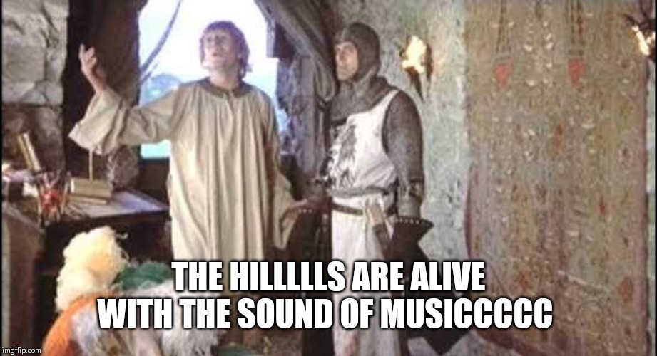 THE HILLLLLS ARE ALIVE WITH THE SOUND OF MUSICCCCC | image tagged in monty python and the holy grail | made w/ Imgflip meme maker
