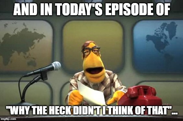 Muppet News Flash | AND IN TODAY'S EPISODE OF "WHY THE HECK DIDN'T I THINK OF THAT"... | image tagged in muppet news flash | made w/ Imgflip meme maker