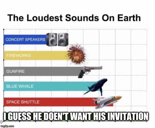 The Loudest Sounds on Earth | I GUESS HE DOEN'T WANT HIS INVITATION | image tagged in the loudest sounds on earth | made w/ Imgflip meme maker