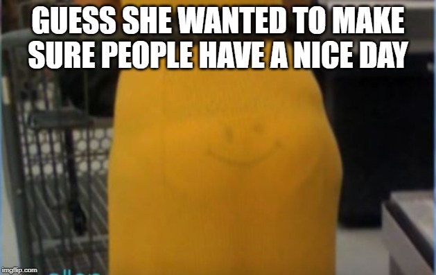 :-) | GUESS SHE WANTED TO MAKE SURE PEOPLE HAVE A NICE DAY | image tagged in that smile | made w/ Imgflip meme maker