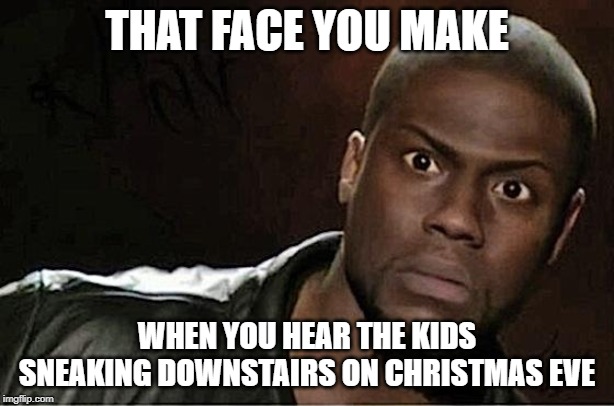 Kevin Hart | THAT FACE YOU MAKE; WHEN YOU HEAR THE KIDS SNEAKING DOWNSTAIRS ON CHRISTMAS EVE | image tagged in memes,kevin hart | made w/ Imgflip meme maker