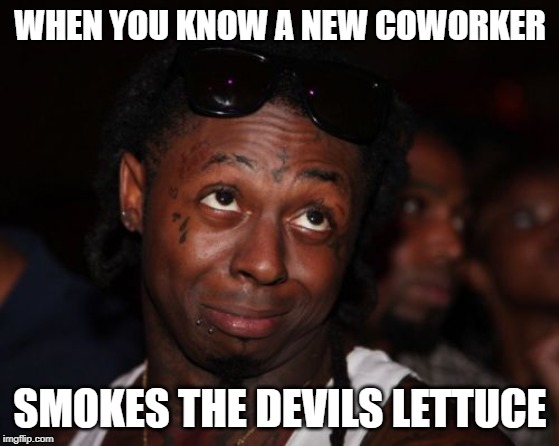 Lil Wayne | WHEN YOU KNOW A NEW COWORKER; SMOKES THE DEVILS LETTUCE | image tagged in memes,lil wayne | made w/ Imgflip meme maker