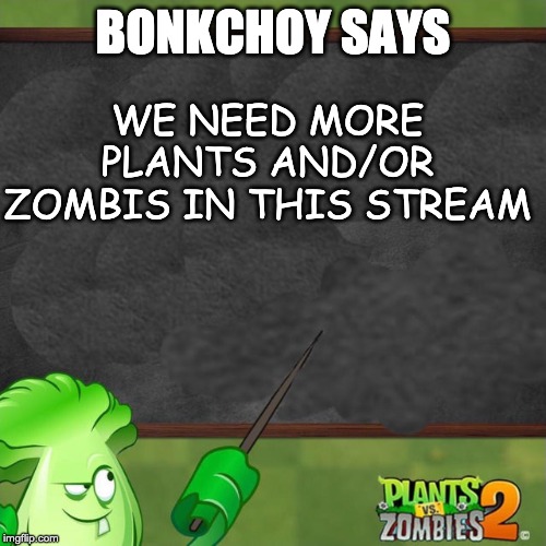 Bonk Choy says | BONKCHOY SAYS; WE NEED MORE PLANTS AND/OR ZOMBIS IN THIS STREAM | image tagged in bonk choy says | made w/ Imgflip meme maker