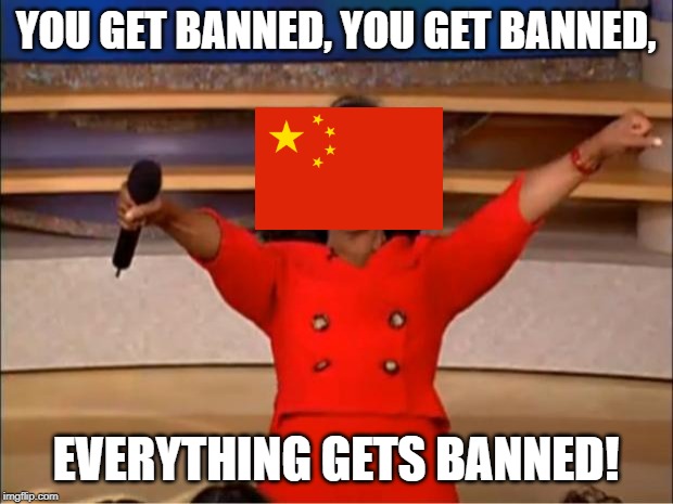 China in a shellnut | YOU GET BANNED, YOU GET BANNED, EVERYTHING GETS BANNED! | image tagged in memes,oprah you get a,china,funny,censorship,in a nutshell | made w/ Imgflip meme maker