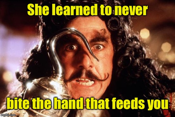 Captain Hook Bad Form | She learned to never bite the hand that feeds you | image tagged in captain hook bad form | made w/ Imgflip meme maker