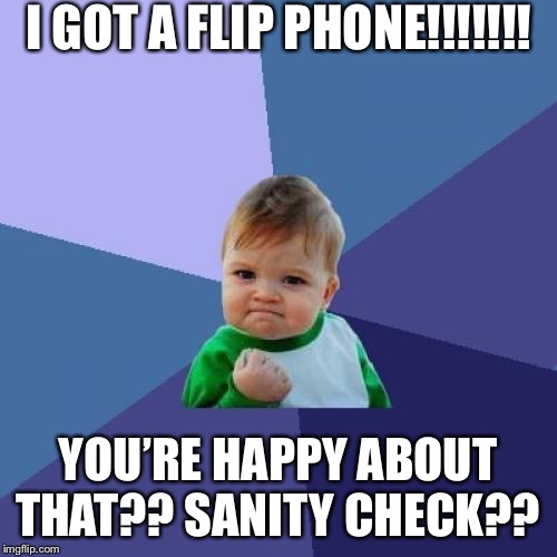 Success Kid | I GOT A FLIP PHONE!!!!!!! YOU’RE HAPPY ABOUT THAT?? SANITY CHECK?? | image tagged in memes,success kid | made w/ Imgflip meme maker