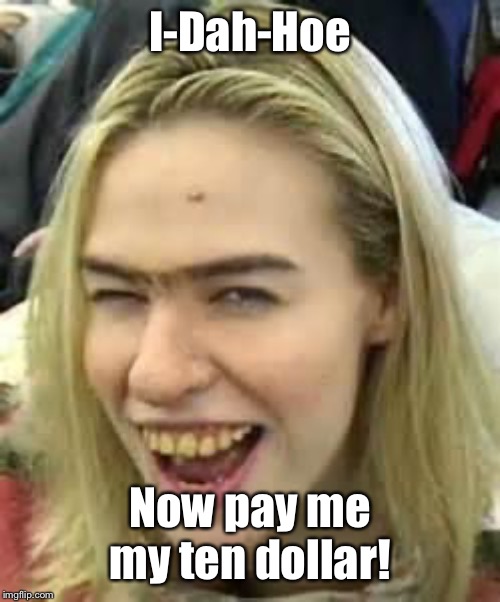ugly girl | I-Dah-Hoe Now pay me my ten dollar! | image tagged in ugly girl | made w/ Imgflip meme maker