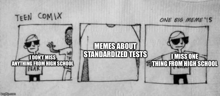 No Fear One Fear | MEMES ABOUT STANDARDIZED TESTS; I MISS ONE THING FROM HIGH SCHOOL; I DON’T MISS ANYTHING FROM HIGH SCHOOL | image tagged in no fear one fear | made w/ Imgflip meme maker