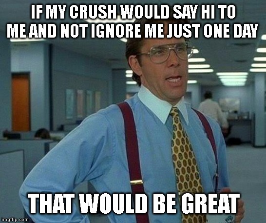 That Would Be Great Meme | IF MY CRUSH WOULD SAY HI TO ME AND NOT IGNORE ME JUST ONE DAY; THAT WOULD BE GREAT | image tagged in memes,that would be great,crush | made w/ Imgflip meme maker