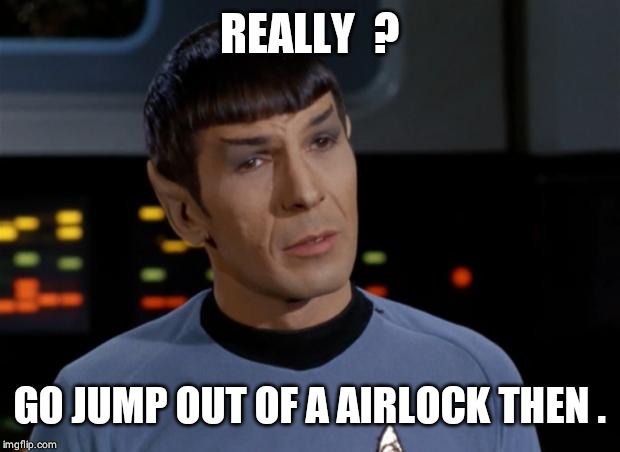 Spock Illogical | REALLY  ? GO JUMP OUT OF A AIRLOCK THEN . | image tagged in spock illogical | made w/ Imgflip meme maker