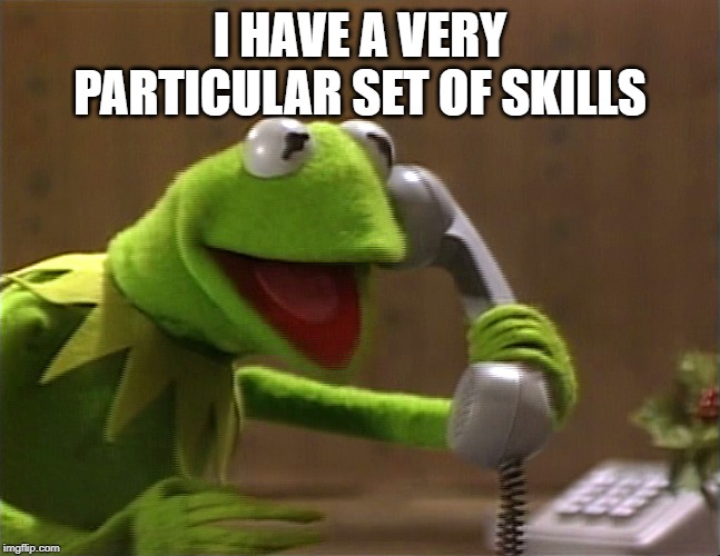 kermit phone | I HAVE A VERY PARTICULAR SET OF SKILLS | image tagged in kermit phone | made w/ Imgflip meme maker