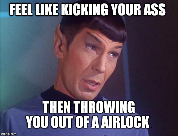 Spock | FEEL LIKE KICKING YOUR ASS THEN THROWING YOU OUT OF A AIRLOCK | image tagged in spock | made w/ Imgflip meme maker