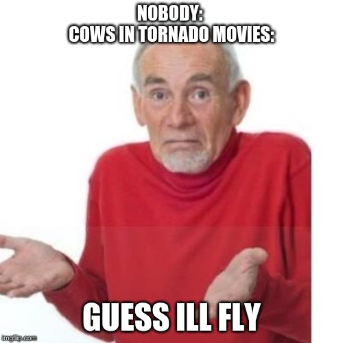 I guess ill die | NOBODY: 
COWS IN TORNADO MOVIES:; GUESS ILL FLY | image tagged in i guess ill die | made w/ Imgflip meme maker