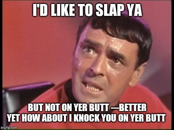 Scotty | I'D LIKE TO SLAP YA BUT NOT ON YER BUTT ---BETTER YET HOW ABOUT I KNOCK YOU ON YER BUTT | image tagged in scotty | made w/ Imgflip meme maker