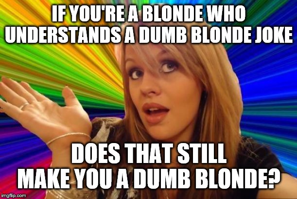 Dumb Blonde Meme | IF YOU'RE A BLONDE WHO UNDERSTANDS A DUMB BLONDE JOKE; DOES THAT STILL MAKE YOU A DUMB BLONDE? | image tagged in memes,dumb blonde | made w/ Imgflip meme maker