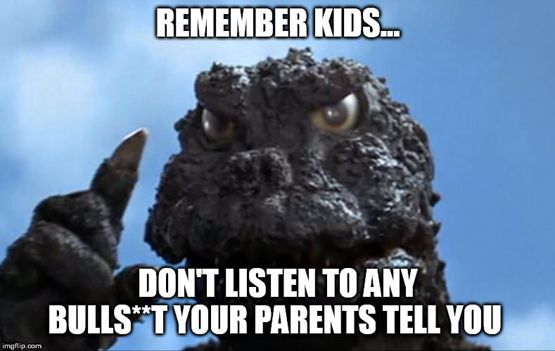 Old Man Godzilla | REMEMBER KIDS... DON'T LISTEN TO ANY BULLS**T YOUR PARENTS TELL YOU | image tagged in old man godzilla | made w/ Imgflip meme maker