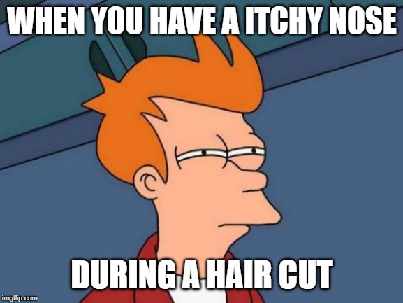 Futurama Fry Meme | WHEN YOU HAVE A ITCHY NOSE; DURING A HAIR CUT | image tagged in memes,futurama fry | made w/ Imgflip meme maker