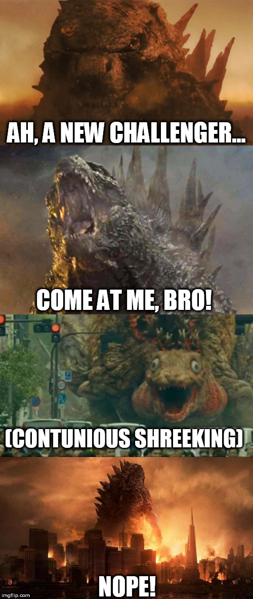 AH, A NEW CHALLENGER... COME AT ME, BRO! (CONTUNIOUS SHREEKING); NOPE! | image tagged in godzilla | made w/ Imgflip meme maker