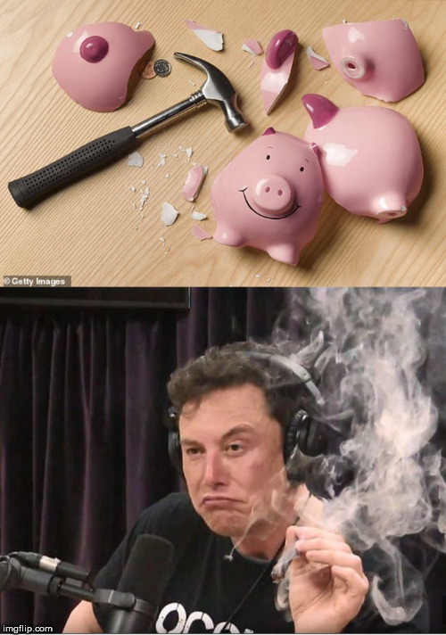 image tagged in elon musk smoking a joint,piggy bank | made w/ Imgflip meme maker