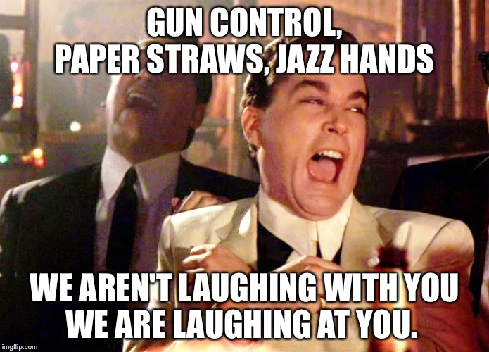 Good Fellas Hilarious | GUN CONTROL, PAPER STRAWS, JAZZ HANDS; WE AREN'T LAUGHING WITH YOU         WE ARE LAUGHING AT YOU. | image tagged in memes,good fellas hilarious | made w/ Imgflip meme maker