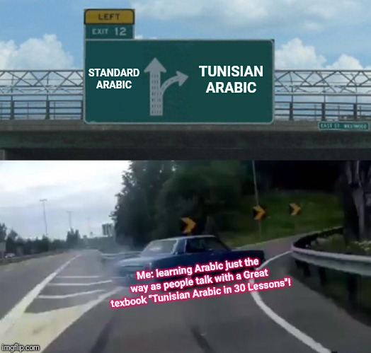 Left Exit 12 Off Ramp | STANDARD ARABIC; TUNISIAN ARABIC; Me: learning Arabic just the way as people talk with a Great texbook "Tunisian Arabic in 30 Lessons"! | image tagged in memes,left exit 12 off ramp | made w/ Imgflip meme maker
