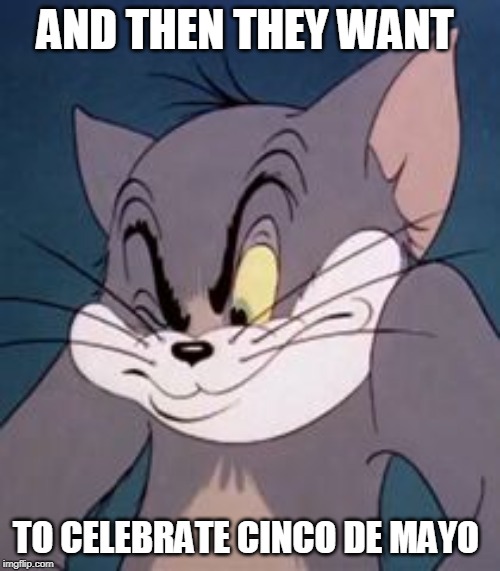 Tom cat | AND THEN THEY WANT TO CELEBRATE CINCO DE MAYO | image tagged in tom cat | made w/ Imgflip meme maker
