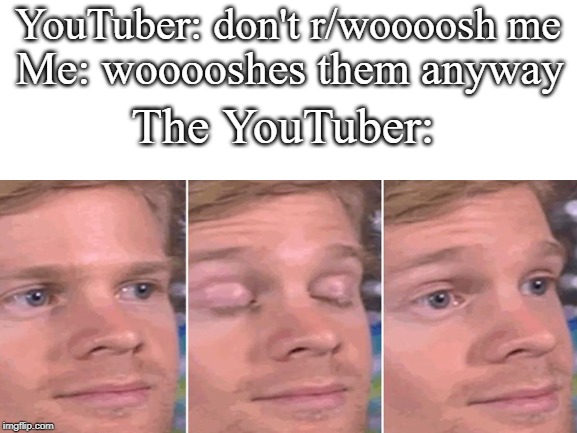 r/woooosh | YouTuber: don't r/woooosh me; Me: wooooshes them anyway; The YouTuber: | image tagged in r/woooosh,memes,the first guy,youtube,me irl | made w/ Imgflip meme maker