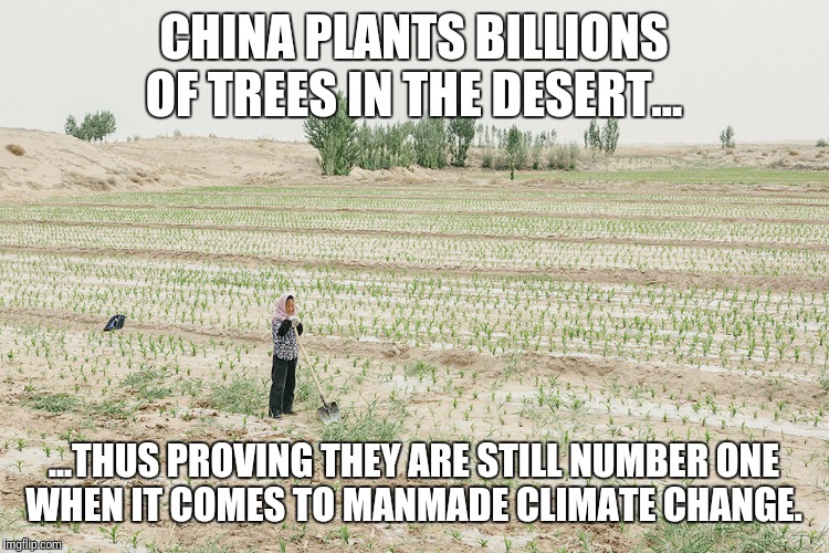 Don't trees usually die without water? | CHINA PLANTS BILLIONS OF TREES IN THE DESERT... ...THUS PROVING THEY ARE STILL NUMBER ONE
 WHEN IT COMES TO MANMADE CLIMATE CHANGE. | image tagged in climate change,china,propaganda | made w/ Imgflip meme maker