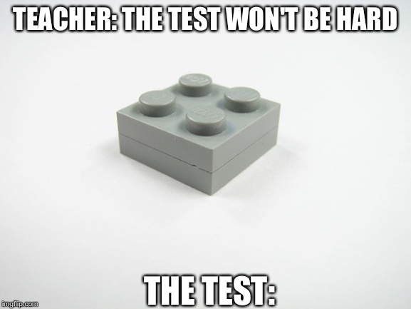 Two thin LEGO pieces | TEACHER: THE TEST WON'T BE HARD; THE TEST: | image tagged in two thin lego pieces | made w/ Imgflip meme maker