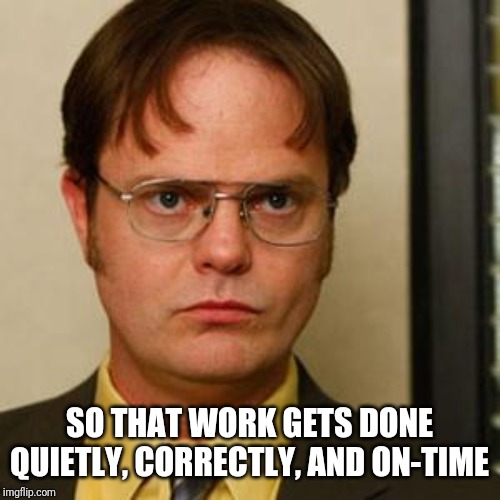 Dwight fact | SO THAT WORK GETS DONE QUIETLY, CORRECTLY, AND ON-TIME | image tagged in dwight fact | made w/ Imgflip meme maker