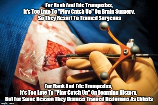 "Trump And His Supporters Dismiss Knowledgeable People As Elites. But When There's A Spot On Their Lung..." | For Rank And File Trumpistas, 
It's Too Late To "Play Catch Up" On Brain Surgery. 
So They Resort To Trained Surgeons For Rank And File Trum | image tagged in trumpistas,trumpists,brain surgery,elitism,blaming the knowledgeable | made w/ Imgflip meme maker