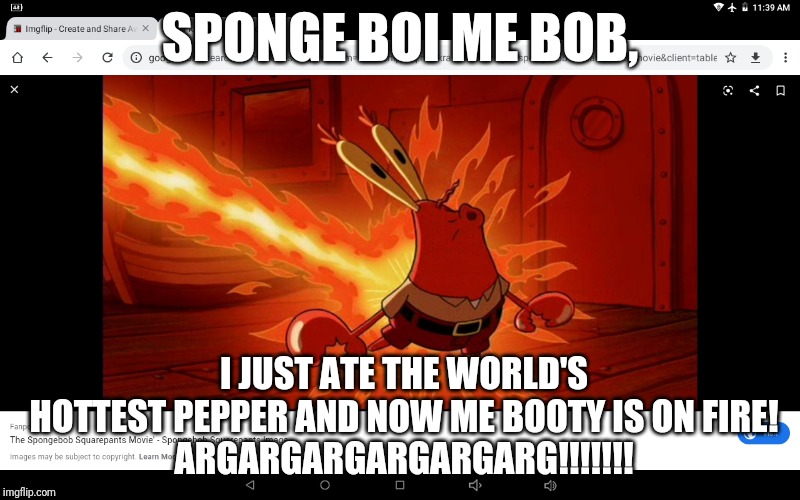It Burns, Burns, Burns!!!! | SPONGE BOI ME BOB, I JUST ATE THE WORLD'S HOTTEST PEPPER AND NOW ME BOOTY IS ON FIRE!
ARGARGARGARGARGARG!!!!!!! | image tagged in mr krabs' ass on fire | made w/ Imgflip meme maker