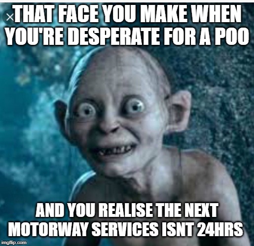 That face you make when you are desperate for a poo and you realise the next motorway services isn't 24hrs | THAT FACE YOU MAKE WHEN YOU'RE DESPERATE FOR A POO; AND YOU REALISE THE NEXT MOTORWAY SERVICES ISNT 24HRS | image tagged in gollum,desperate,poo,delivery,driver,roads | made w/ Imgflip meme maker