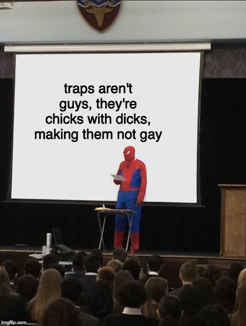 Spiderman Teaching | traps aren't guys, they're chicks with dicks, making them not gay | image tagged in spiderman teaching | made w/ Imgflip meme maker
