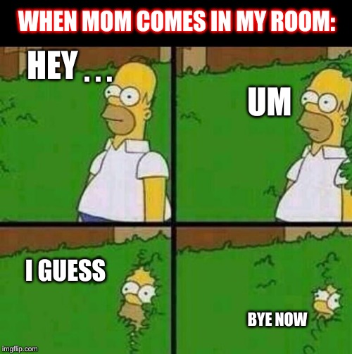 Relatable Content | WHEN MOM COMES IN MY ROOM:; HEY                                                                       UM; . . . I GUESS; BYE NOW | image tagged in homer simpson in bush - large,that moment when,awkward moment sealion,mom,bye,caveman | made w/ Imgflip meme maker