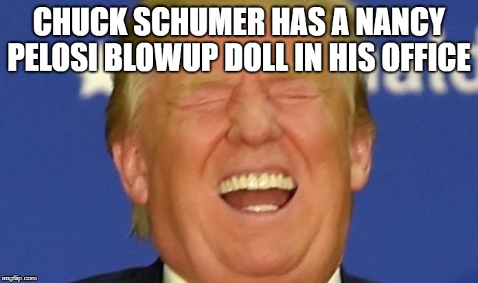 Schumer doll | CHUCK SCHUMER HAS A NANCY PELOSI BLOWUP DOLL IN HIS OFFICE | image tagged in trump laughing,chuck schumer | made w/ Imgflip meme maker