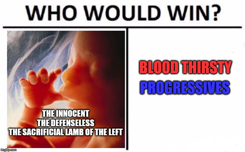 Who Would Win? Meme | BLOOD THIRSTY; PROGRESSIVES; THE INNOCENT
THE DEFENSELESS
THE SACRIFICIAL LAMB OF THE LEFT | image tagged in memes,politics,political,abortion is murder,abortion | made w/ Imgflip meme maker